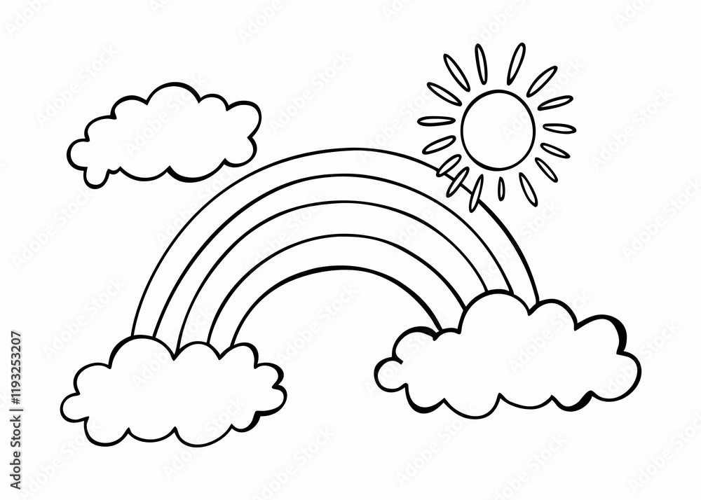 Hand-Drawn Rainbow with Sun and Clouds Illustration Hand-Drawn Rainbow with Sun and Clouds Illustration
