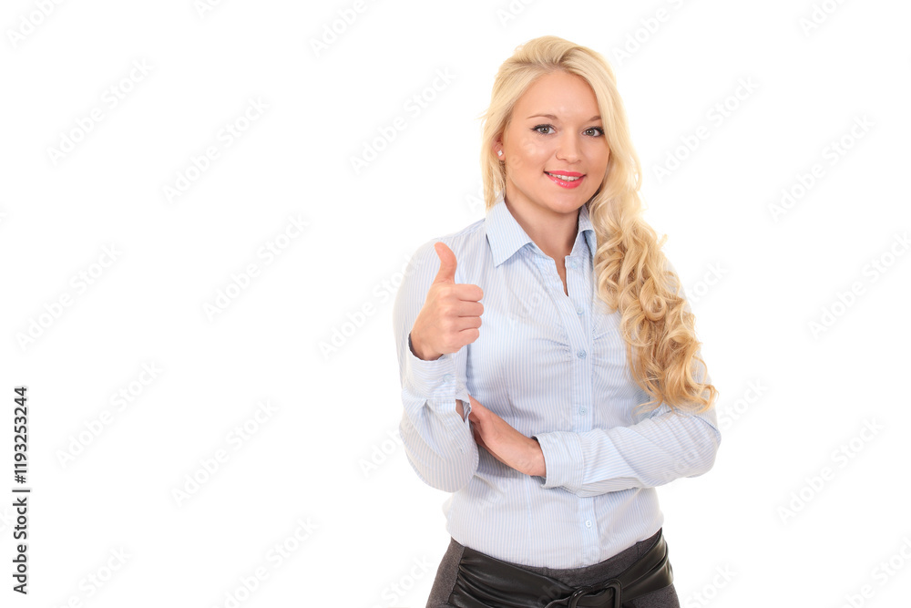 Smiling professional woman showing a thumbs-up gesture in a positive mood Smiling professional woman showing a thumbs-up gesture in a positive mood