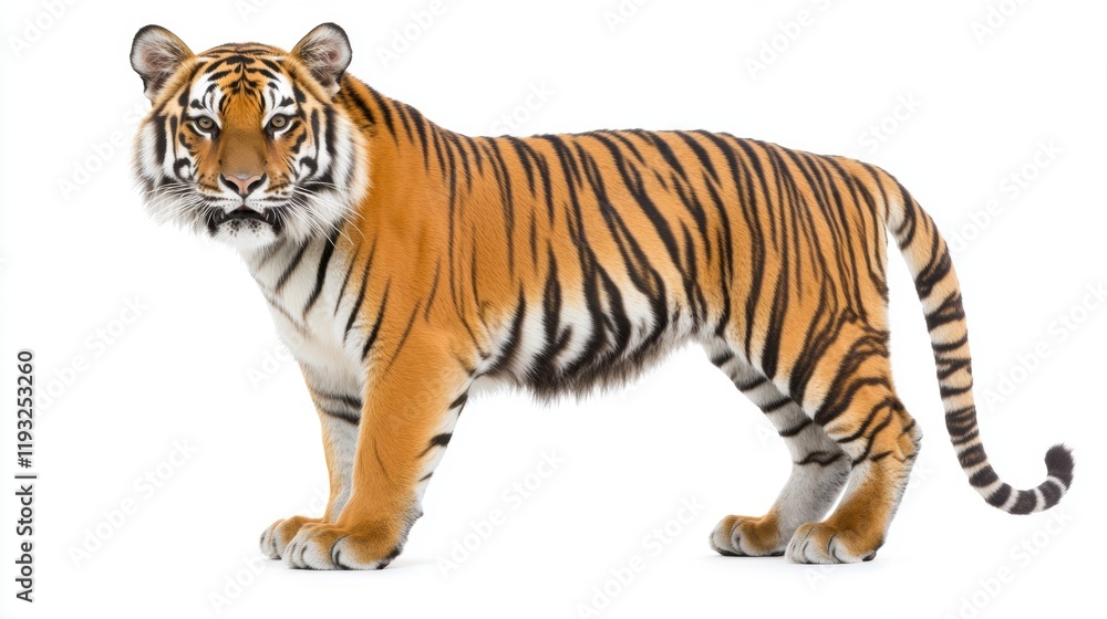 Naklejka premium Majestic Tiger Standing on White Background with Sharp Stare