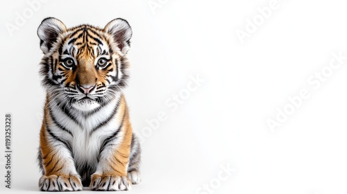 Adorable young tiger sitting against a light background