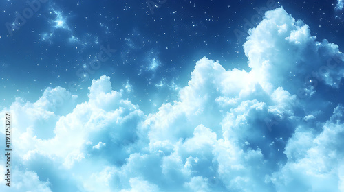 Dreamy Nightscape: Serene Blue Clouds and Glowing Stars photo