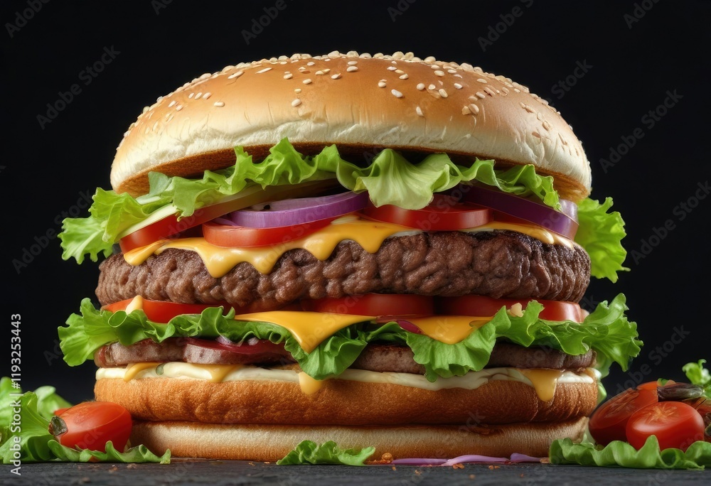 A stunning visual of a giant burger with floating layers of beef patties, gooey cheese, crisp lettuce, luscious tomatoes, and crunchy onions against a black background, tower, cheese, burger A stunning visual of a giant burger with floating layers of beef patties, gooey cheese, crisp lettuce, luscious tomatoes, and crunchy onions against a black background, tower, cheese, burger