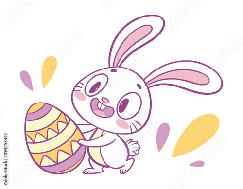 cheerful rabbit with a playful expression, clutching a vibrant easter egg, great for seasonal artwork and family-friendly content