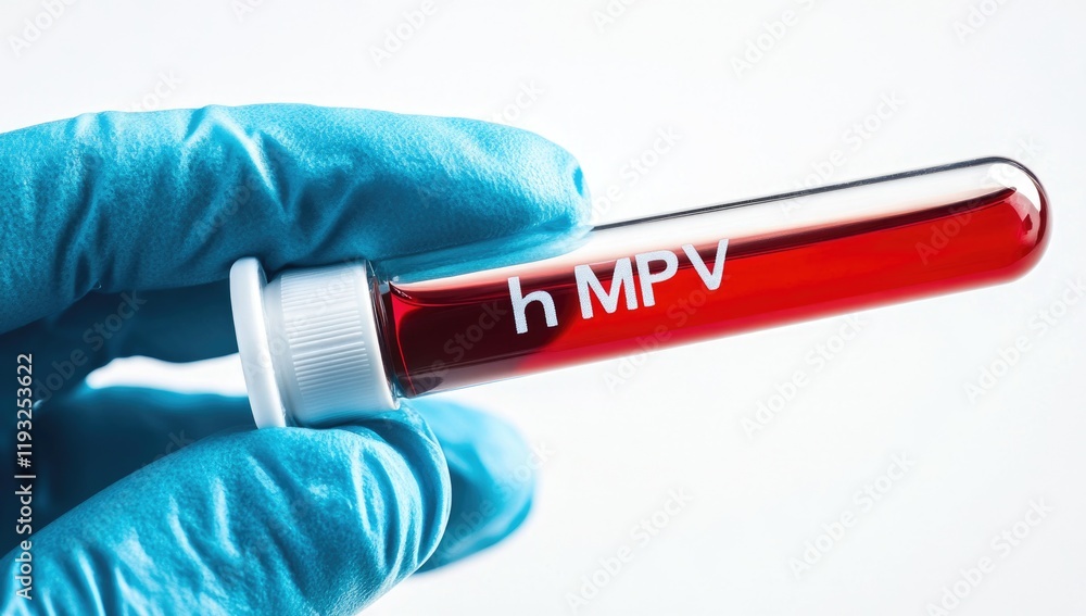Fototapeta premium A hand in a blue glove holds a test tube labeled hMPV, containing blood. This is part of ongoing research on metapneumovirus in China during 2025