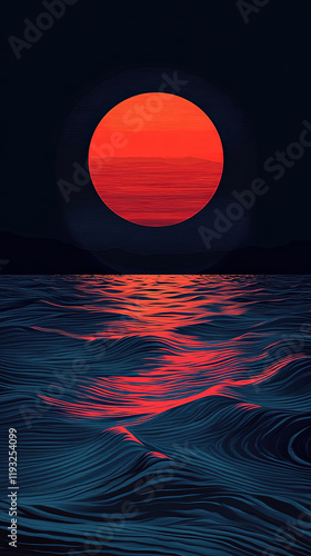 Rising Serenity: A Red Sun Over Tranquil Waters