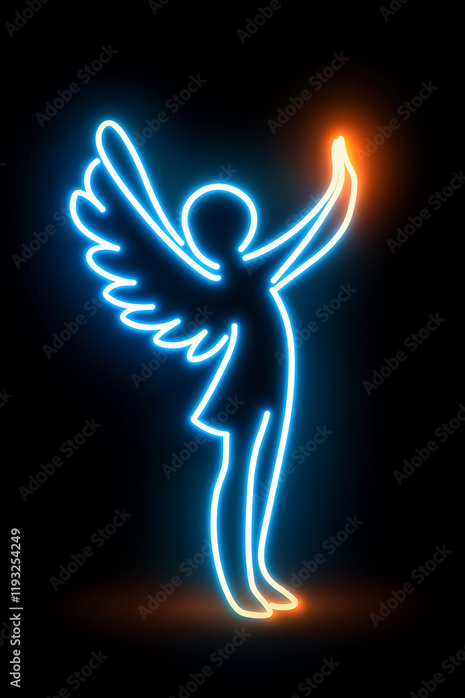 Fototapeta premium Neon angel raising hands in prayer with orange light