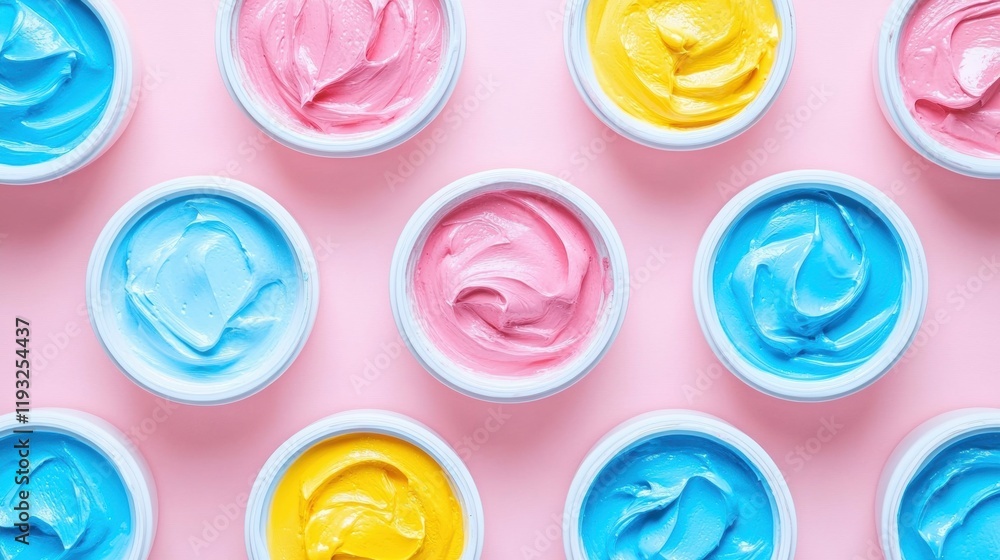 Colorful Pastel Paints in Round Containers on Soft Pink Background Colorful Pastel Paints in Round Containers on Soft Pink Background