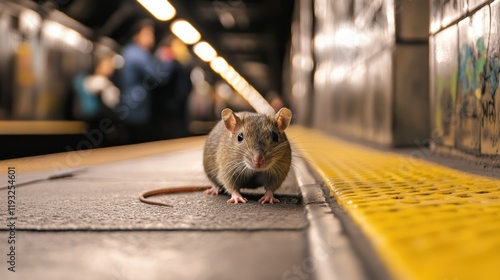 Fototapeta Naklejka Na Ścianę i Meble -  Curious rat near person foot on yellow subway platform. Urban street, harsh realities of city life. Animal survival. Dirty garbage mouse extermination. Mice Infestation. Get rid of rodents issue.