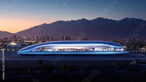 Wallpaper Mural Futuristic Transportation Hub with Neon Lights against Mountain Skyline Torontodigital.ca