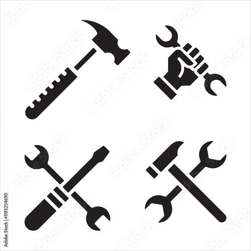 Simple Black and White Tools Icon Set for Repair and Maintenance