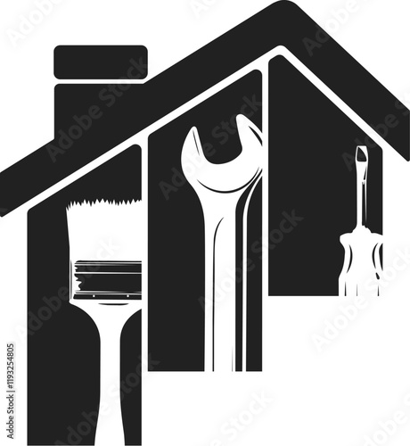 Symbol for home repair construction and service. Wrench, screwdriver and brush