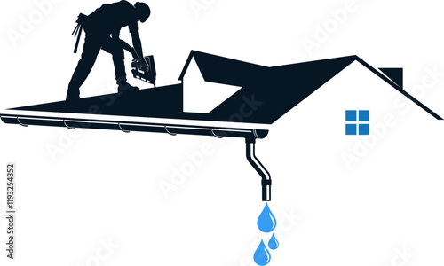 Worker repairing the roof of a house with gutters