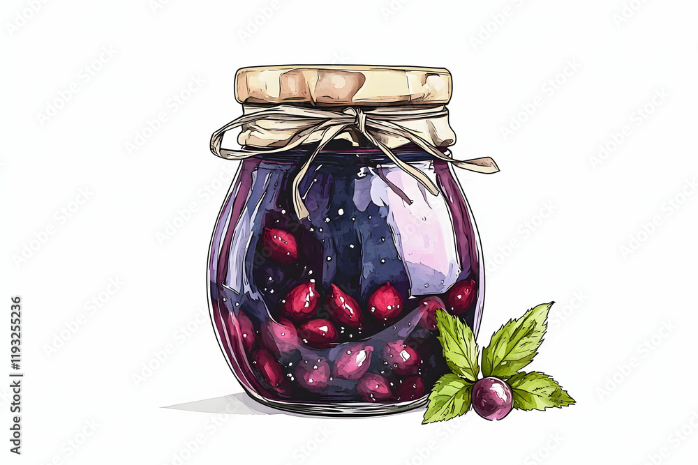 Hand-painted jar of homemade berry jam with fresh mint leaves Hand-painted jar of homemade berry jam with fresh mint leaves