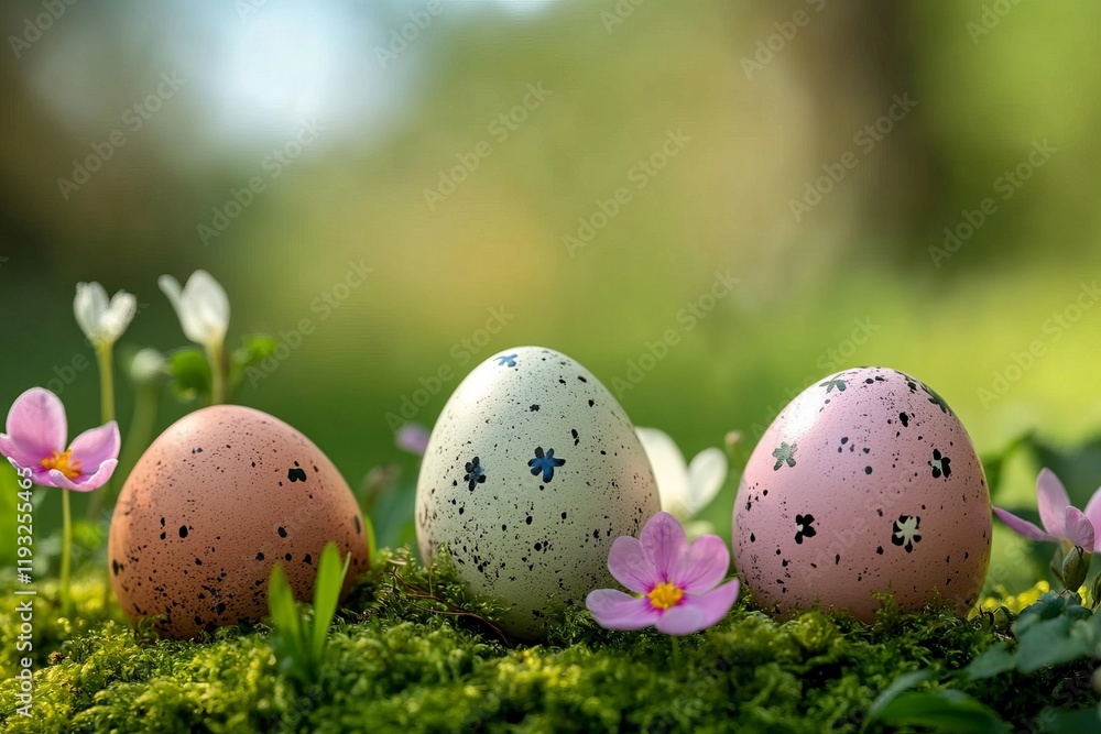 Painted eggs made from natural materials, placed on a green mossy surface, surrounded by spring flowers, minimalist style Painted eggs made from natural materials, placed on a green mossy surface, surrounded by spring flowers, minimalist style