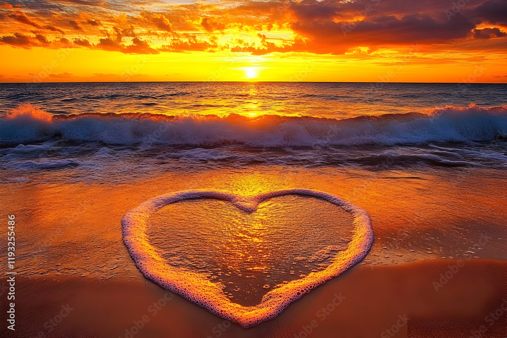 Fototapeta premium A breathtaking sunset over the ocean, with waves crashing onto golden sand and vibrant colors in the sky