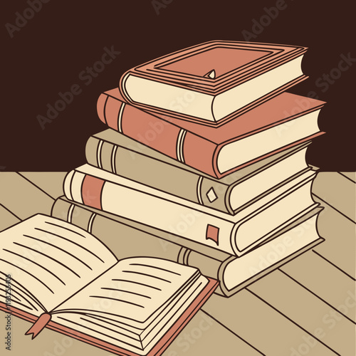 Vintage Book Stack Digital Drawing