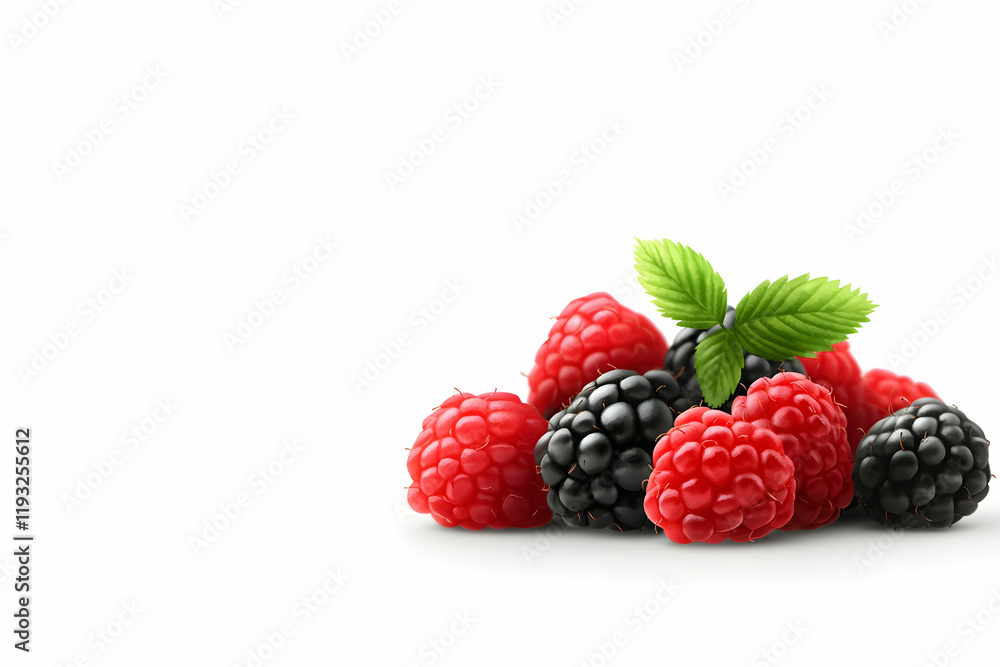 Fresh Red and Black Berries with Green Leaves on White Background Fresh Red and Black Berries with Green Leaves on White Background
