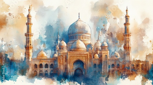 mosque, eid mobarak theme, watercolor photo