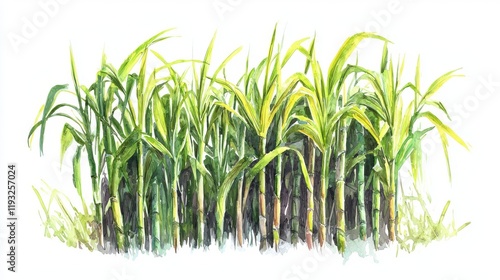 Watercolor sugarcane stalks, lush green leaves against a white background
