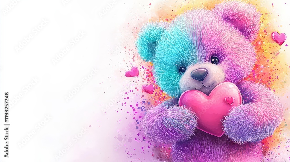 Fototapeta premium A colorful teddy bear holds a heart, surrounded by a vibrant splash of colors and hearts, conveying love and playfulness.