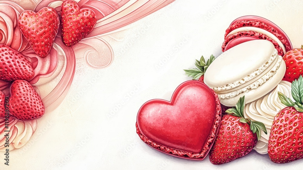 A delightful arrangement of strawberries and macarons, featuring a heart-shaped treat, perfect for celebrating love and sweetness. A delightful arrangement of strawberries and macarons, featuring a heart-shaped treat, perfect for celebrating love and sweetness.