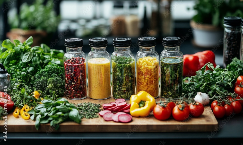 Various colourful fresh raw ingredients and already blended mix in a bottles for individual consumption are on the kitchen table surface Various colourful fresh raw ingredients and already blended mix in a bottles for individual consumption are on the kitchen table surface