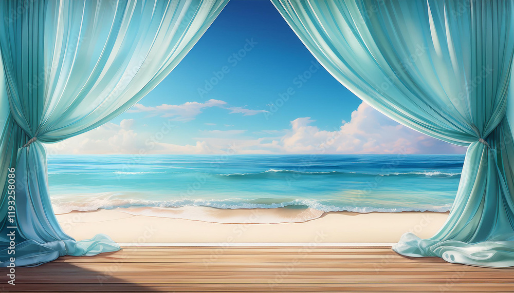 A digital painting depicting a serene seascape viewed through a partially opened, flowing blue curtain.