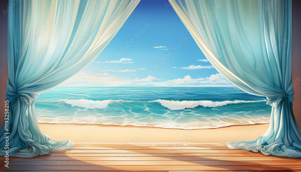 A digital painting depicting a serene seascape viewed through a partially opened, flowing blue curtain.