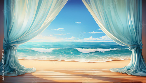 Obraz na płótnie A digital painting depicting a serene seascape viewed through a partially opened, flowing blue curtain. w salonie