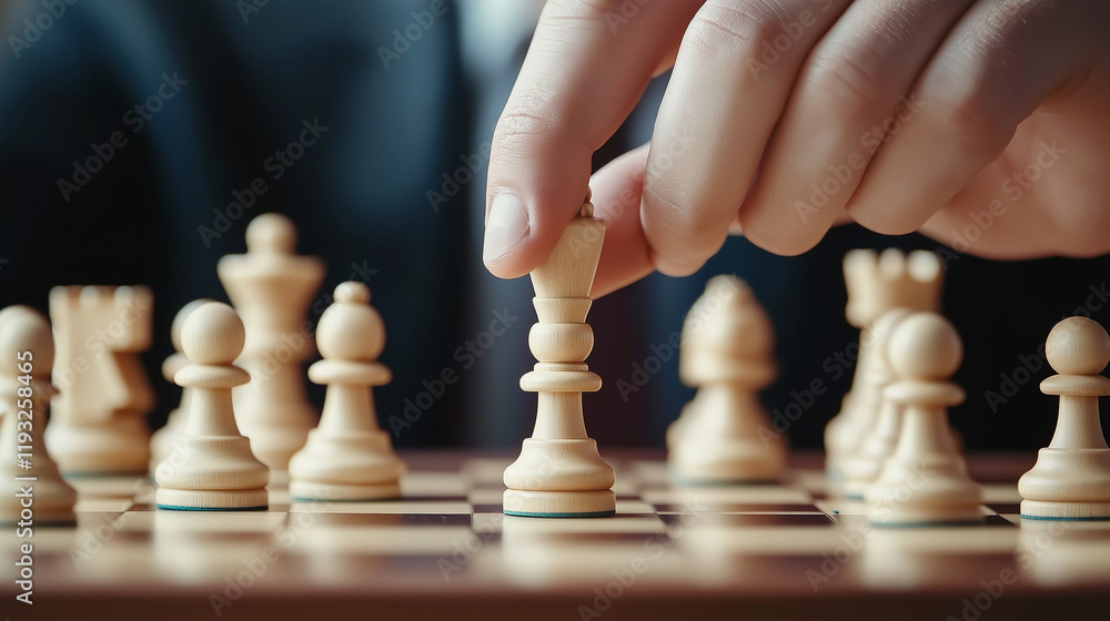 Businessman playing chess, moving white queen on chessboard Businessman playing chess, moving white queen on chessboard