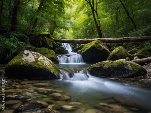 Tranquil Forest Stream and Waterfall - Ideal for Nature Art or Wallpapers