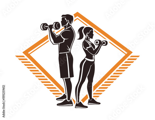 fitness logo featuring a man and woman lifting dumbbells, symbolizing strength and workout routines, with an orange diamond-shaped border adding a dynamic touch
