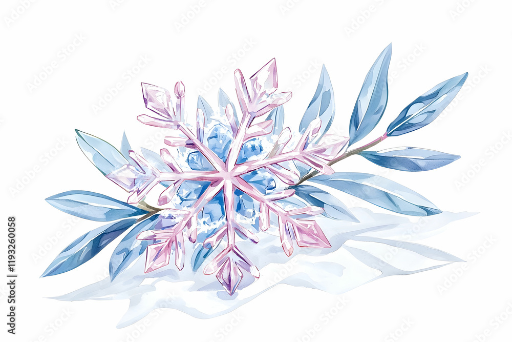 Obraz premium Beautiful Snowflake on Delicate Green Leaves in Watercolor Style