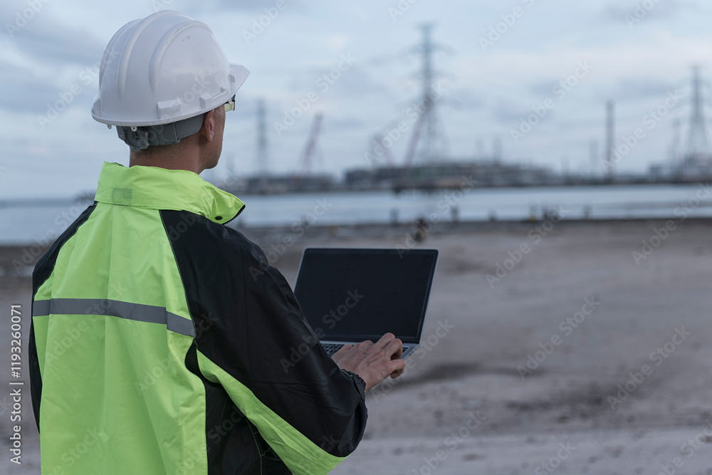 Engineers wear uniform standing near the open trunk of a vehicle hand holding computer laptop, survey inspection work plant site use tablet see detail of work with oil refinery background. Engineers wear uniform standing near the open trunk of a vehicle hand holding computer laptop, survey inspection work plant site use tablet see detail of work with oil refinery background.