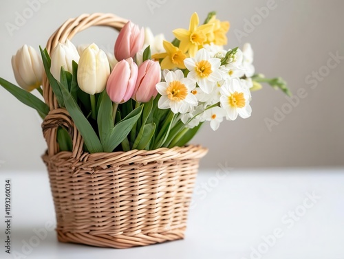 Spring bouquet of tulips, hyacinths, and daffodils in a wicker basket, fresh and fragrant, Easter gift.