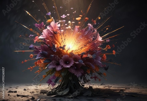 Abstract floral explosion in shadowy background, forms, creative photo