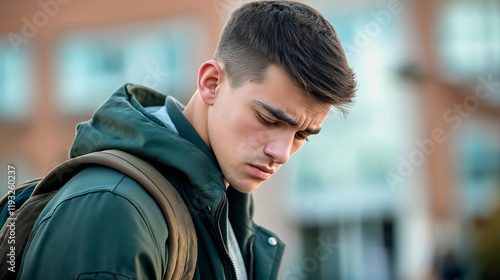 Sad student looking down with backpack in urban setting