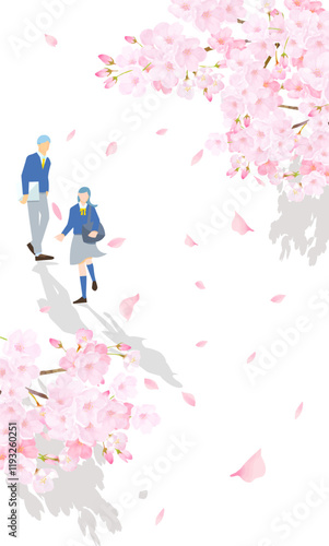 桜の木と歩く学生男女ー卒業入学ー人物ベクターイラスト白バック背景素材