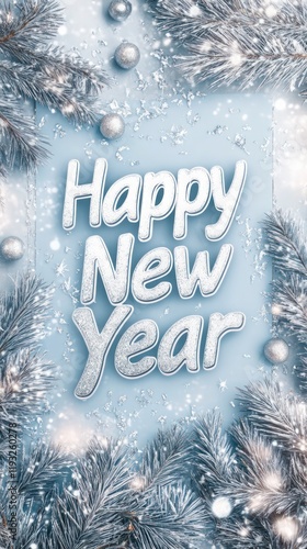 A festive Happy New Year card featuring bold multicolor neon letters and glowing outlines