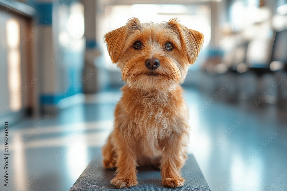 A charming dog awaits a veterinary consultation, showcasing its healthy coat in a bright clinic. This setting highlights the importance of medicine and animal treatment. A charming dog awaits a veterinary consultation, showcasing its healthy coat in a bright clinic. This setting highlights the importance of medicine and animal treatment.