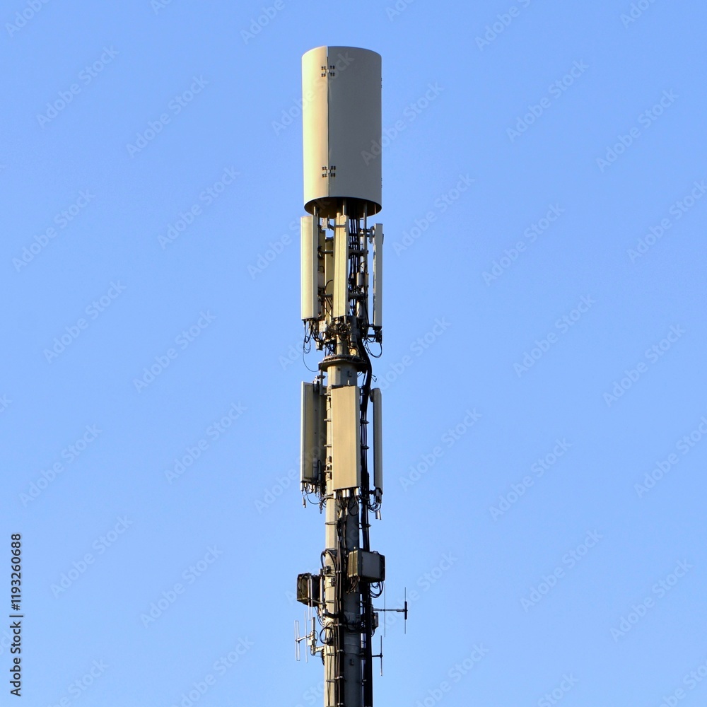 Telecommunication tower. Telecom tower antennas and satellite transmits the signals of cellular 5g 4g mobile signals to the consumers and smartphones.