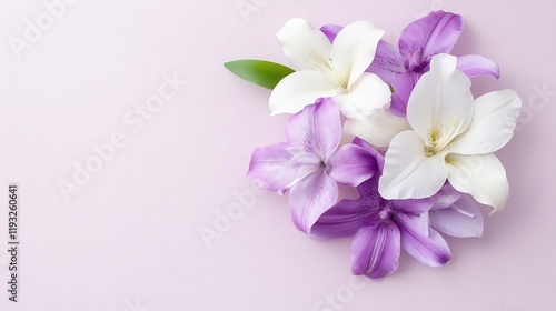 Orchid and lily bouquet in white and purple hues, luxurious and sophisticated, event-ready design.