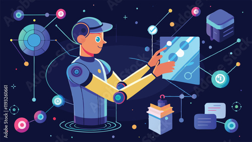 AI-Generated illustration of a person controlling an AI algorithm as a glowing machine extracting patterns from swirling data streams.