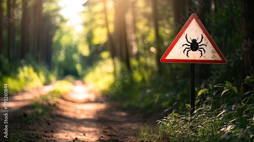 Infected ticks warning sign in a forest as a composition. s 250 