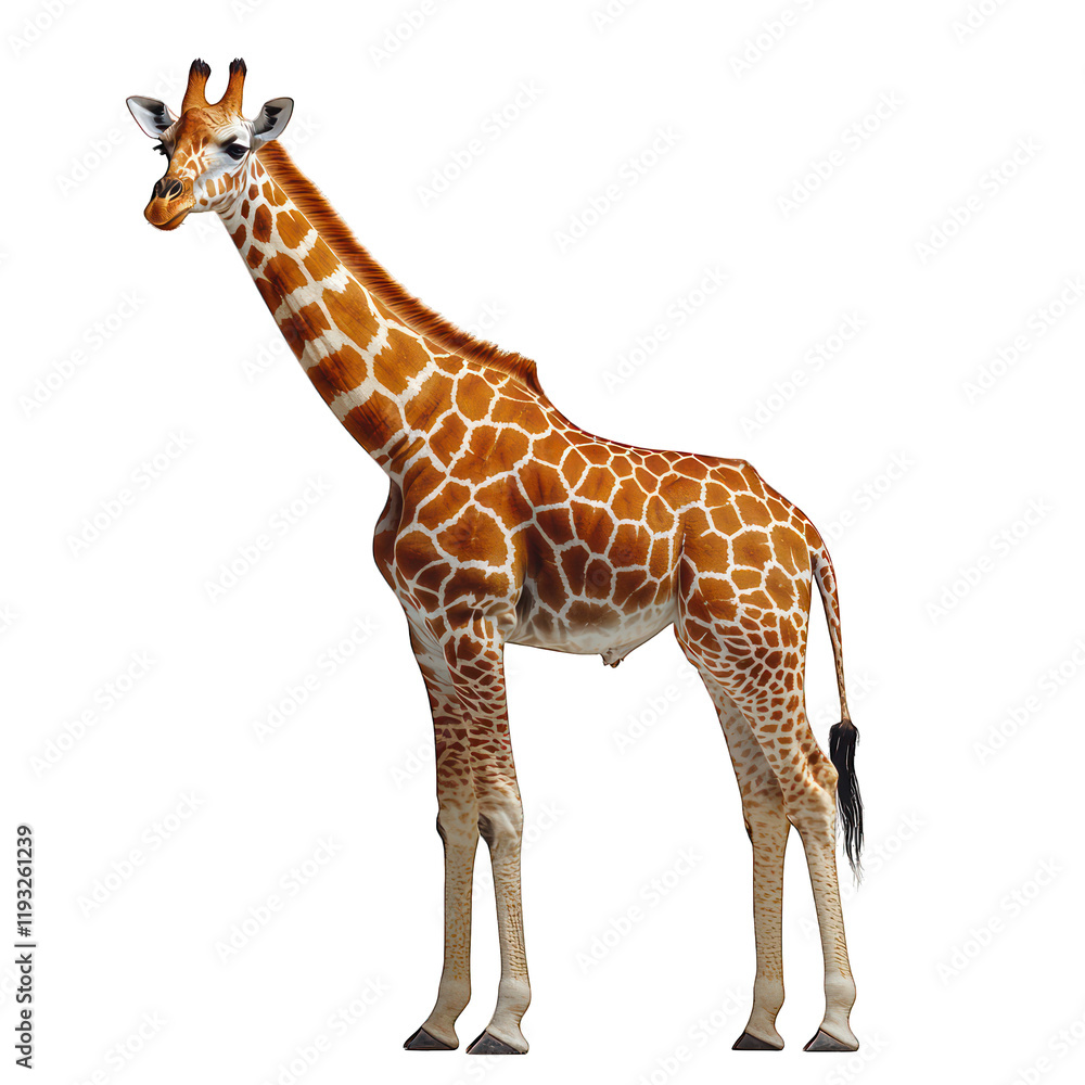 Obraz premium A standing giraffe showcasing its distinctive patterns and height.