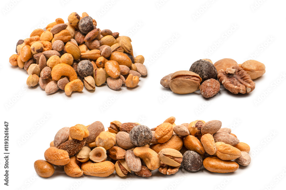 A group of almonds, pistachios, walnuts, macadamia, cashews.