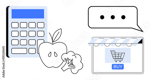 Calculator, apple, broccoli, speech bubble, and online shopping screen with buy option represent buying fresh produce online. Ideal for e-commerce, online shopping, grocery delivery, digital
