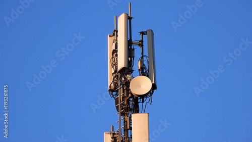 Telecommunication tower. Telecom tower antennas and satellite transmits the signals of cellular 5g 4g mobile signals to the consumers and smartphones. 