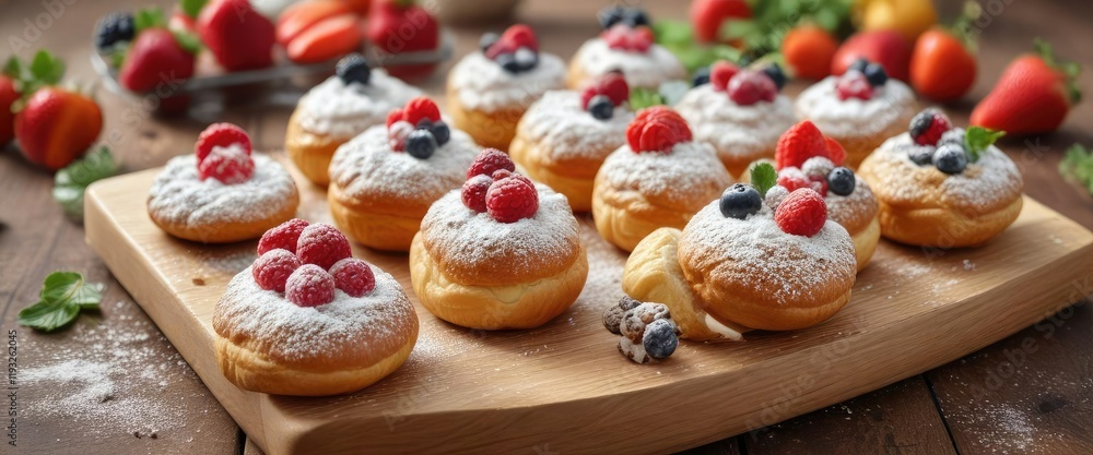 custom made wallpaper toronto digitalA wooden cutting board filled with a variety of choux pastry balls topped with fresh fruit and powdered sugar , dessert, sweet treat, choux