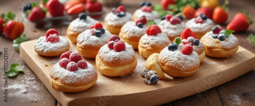 Wallpaper Mural A wooden cutting board filled with a variety of choux pastry balls topped with fresh fruit and powdered sugar , dessert, sweet treat, choux Torontodigital.ca